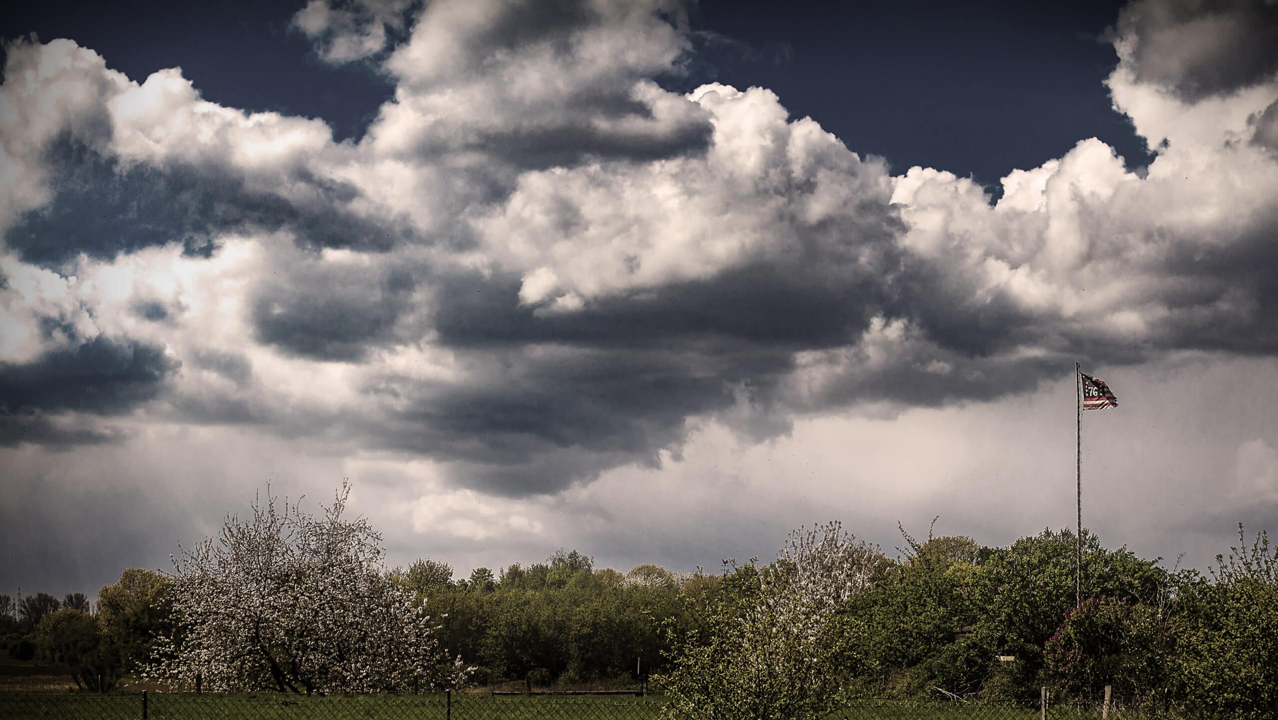 Zerrissene Flagge unter dramatischem Himmel über blühender Landschaft.